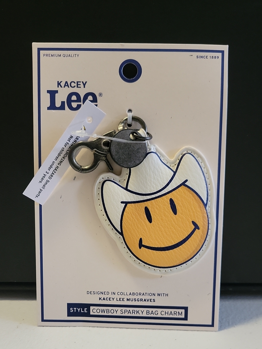 Cowboy Sparky Smiley Bag Charm - White & Yellow T24